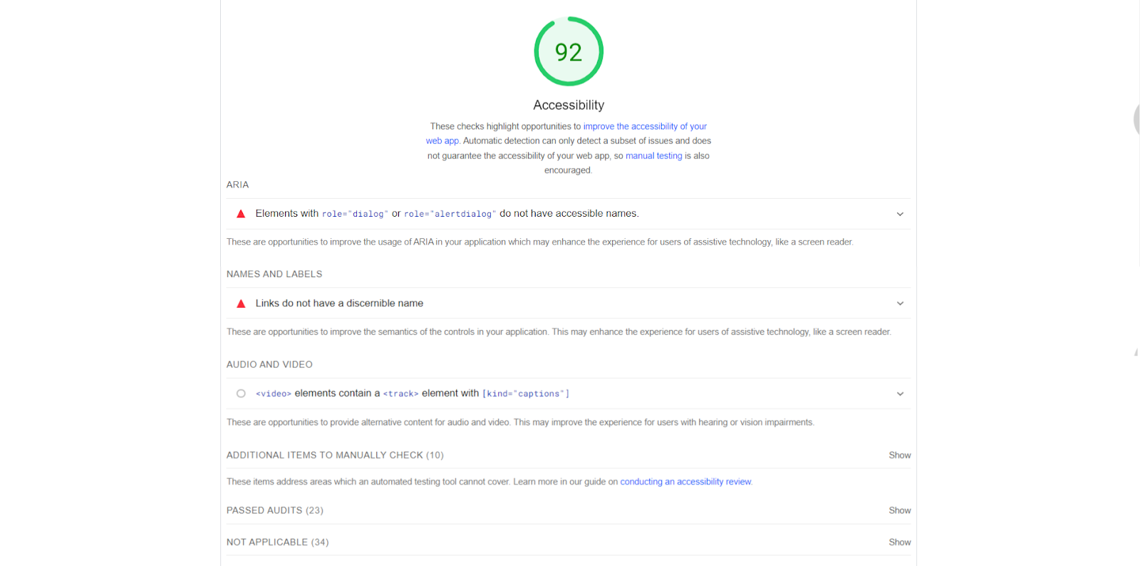 Accessibility diagnostics PageSpeed Insights report