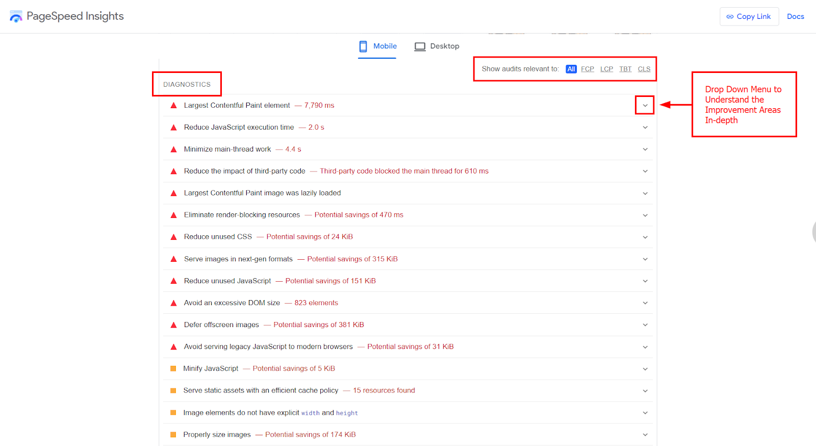 Opportunities and diagnostics suggested in PageSpeed Insights report