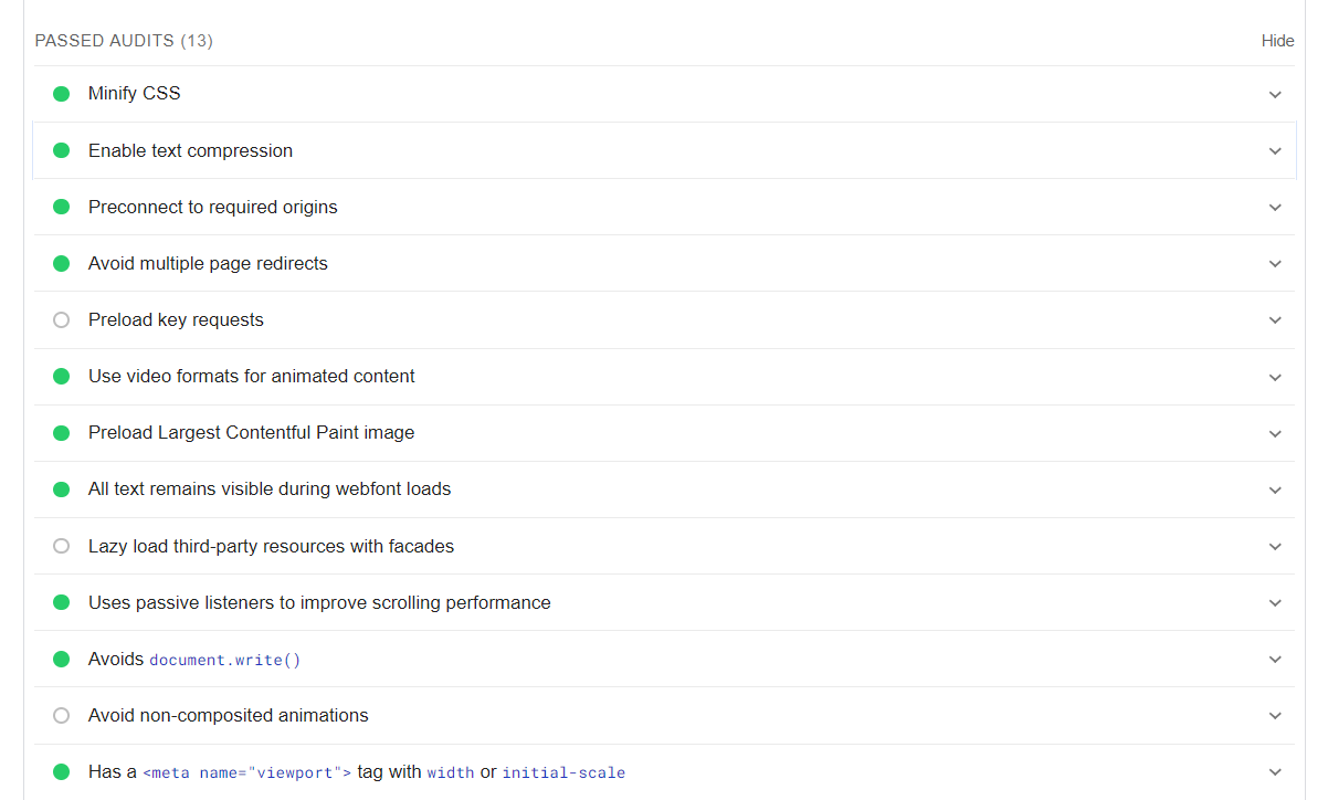 Passed Audits in PageSpeed Insights report